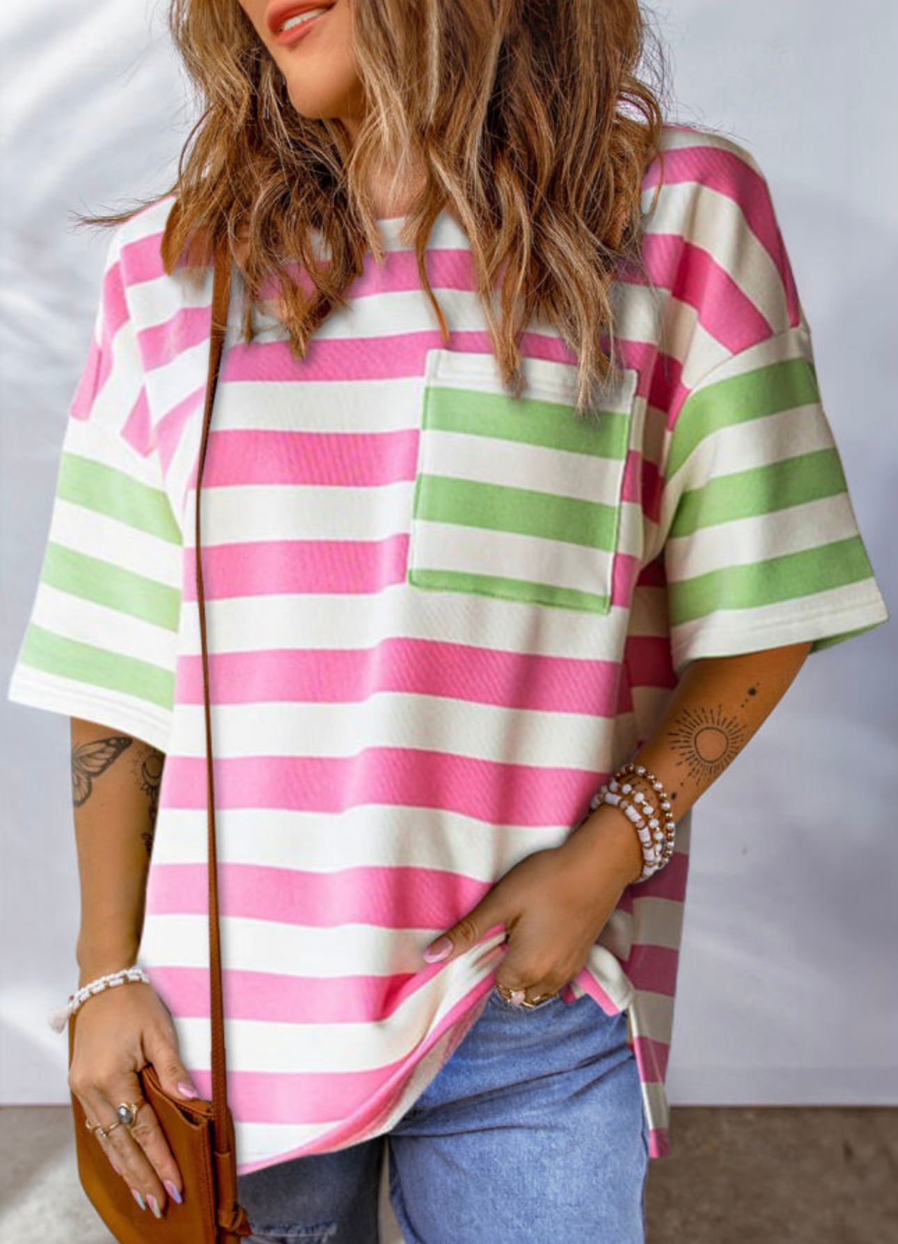 Adoring Memories Color Block PINK AND GREEN STRIP(S-XL)