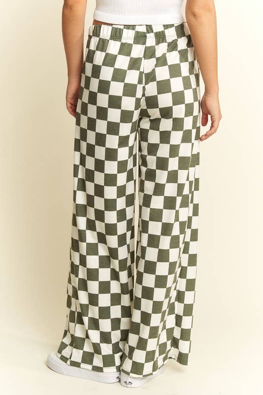 HIGH WAIST CHECKERED STRAIGHT LEG KNIT PANTS: OLIVE/WHITE / XL