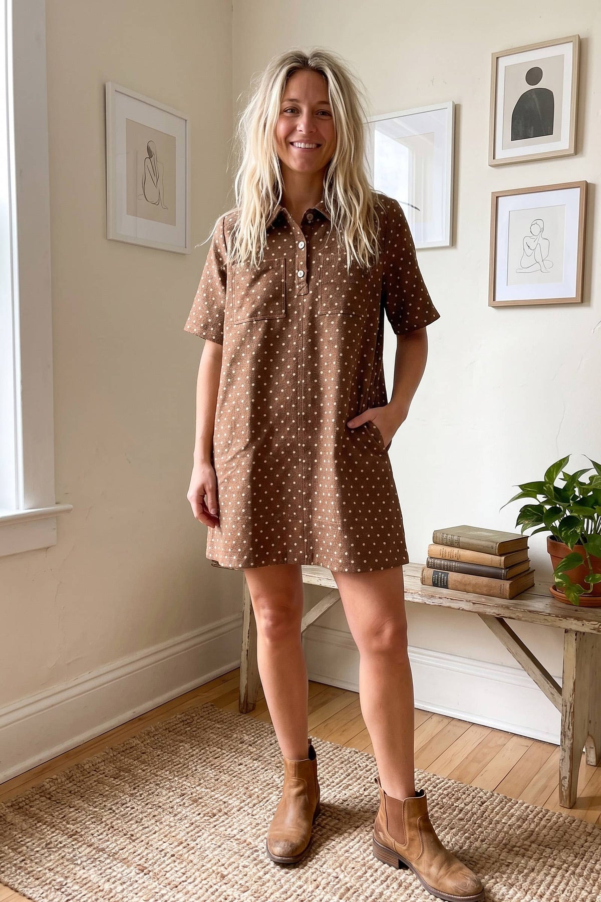 Polka Dot Denim Shirt Dress: BROWN / S