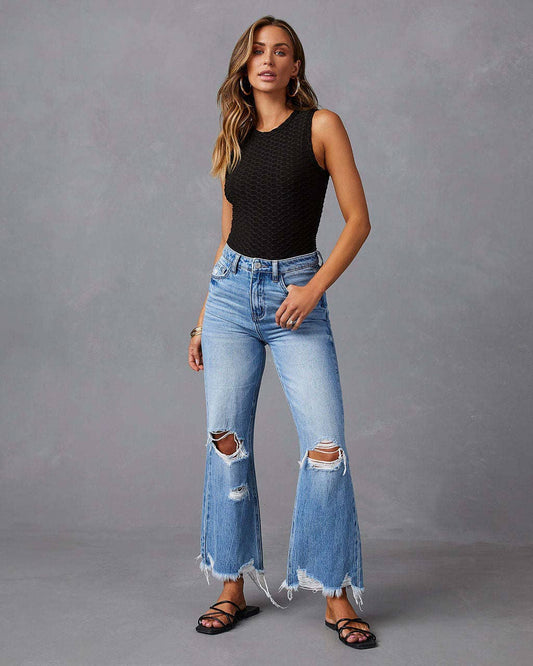 High-Waisted Distressed Denim Wide Leg Pants: Blue / M