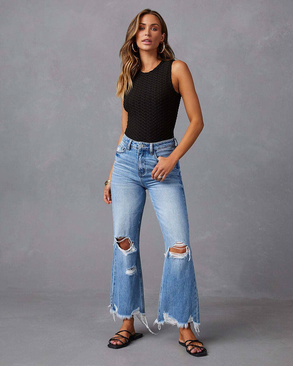 High-Waisted Distressed Denim Wide Leg Pants: Blue / L
