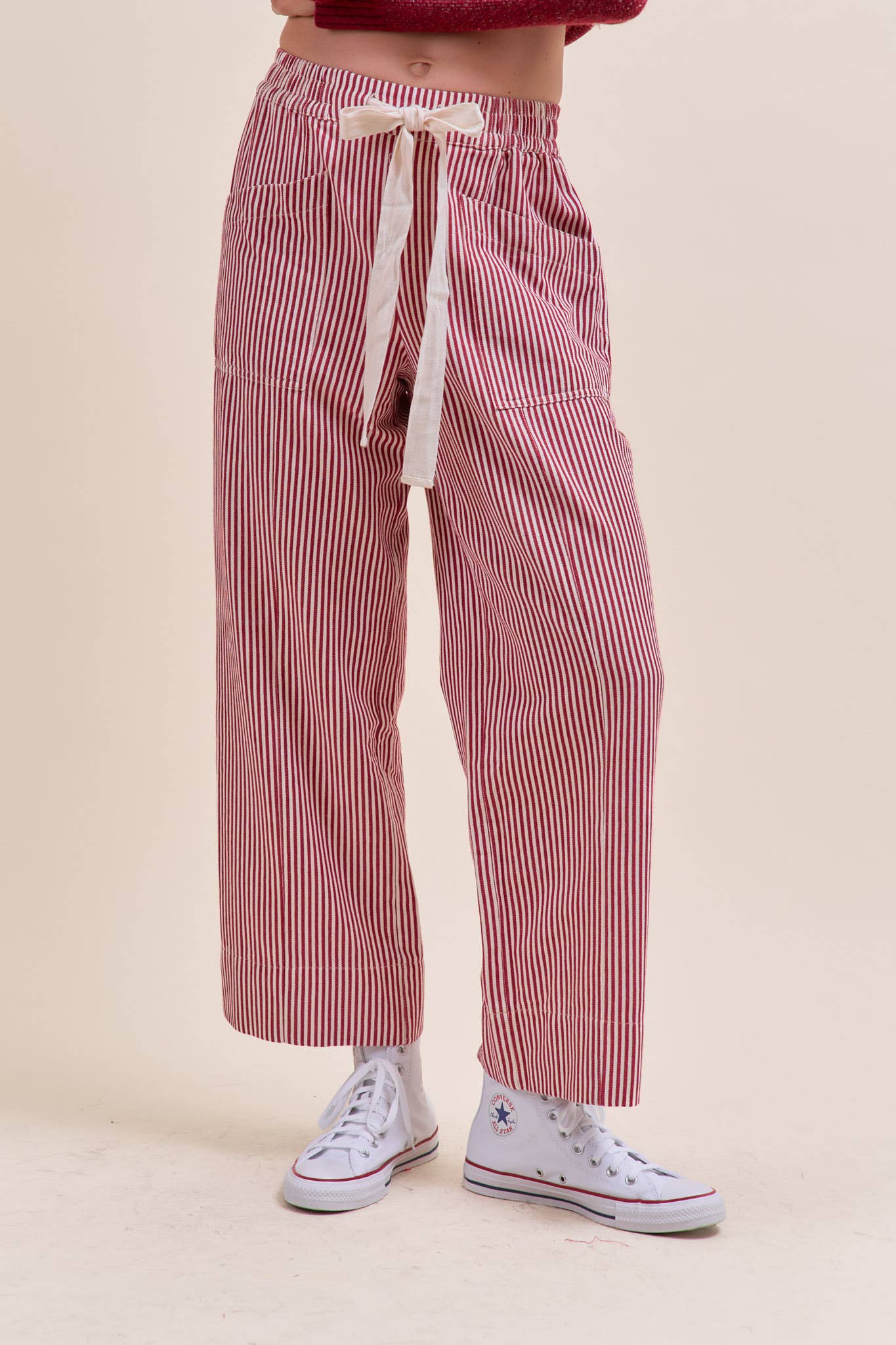 STRIPED WIDE LEG PANTS  Red & Off White Stripe S-L