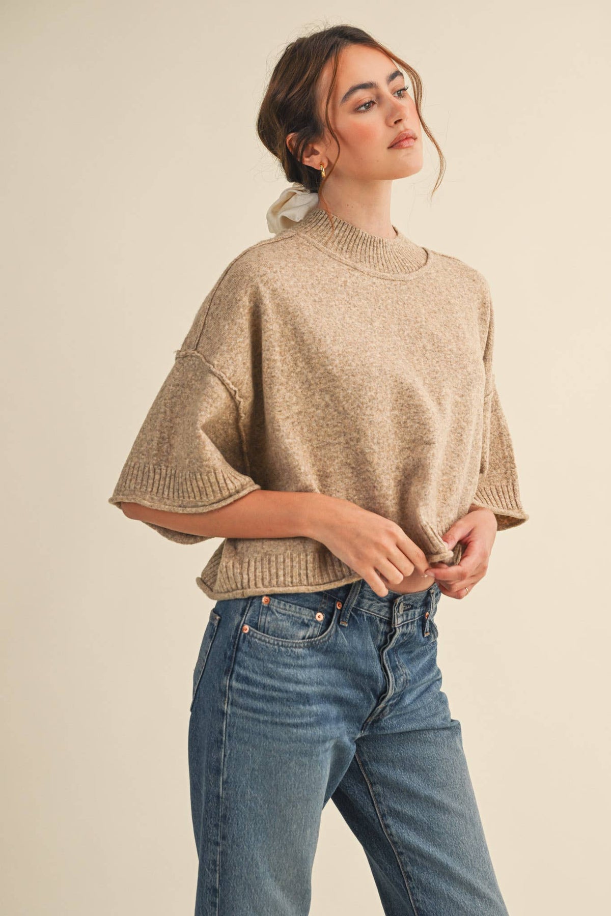 MARLED KNIT MOCK NECK SHORT SLEEVE SWEATER MSW11178: MOCHA MOUSSE / M