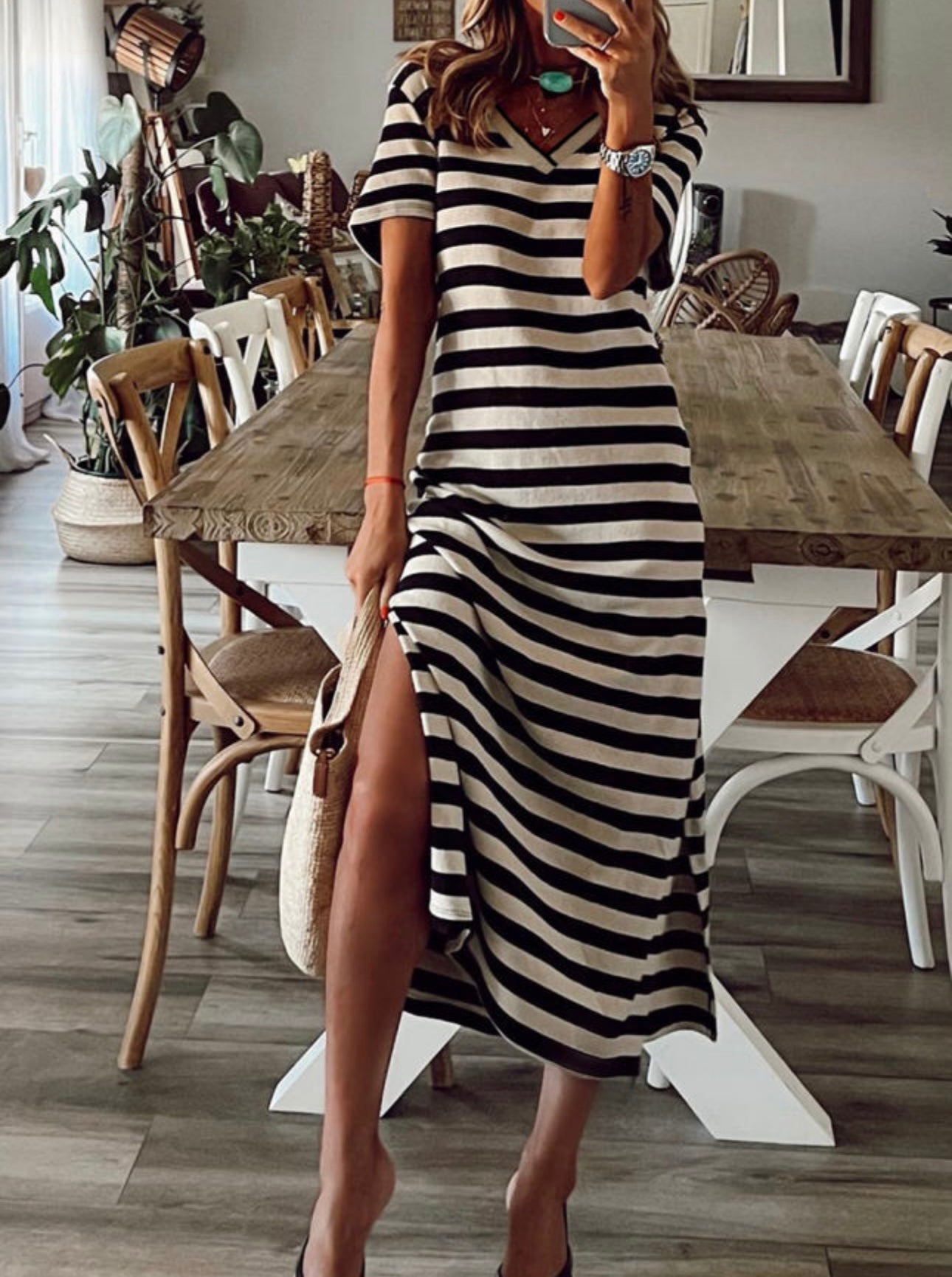 Come With Me Dress WHITE AND BLACK STRIPE (S-xl)