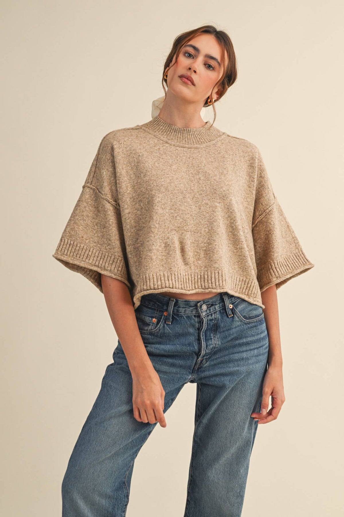 MARLED KNIT MOCK NECK SHORT SLEEVE SWEATER MSW11178: MOCHA MOUSSE / M