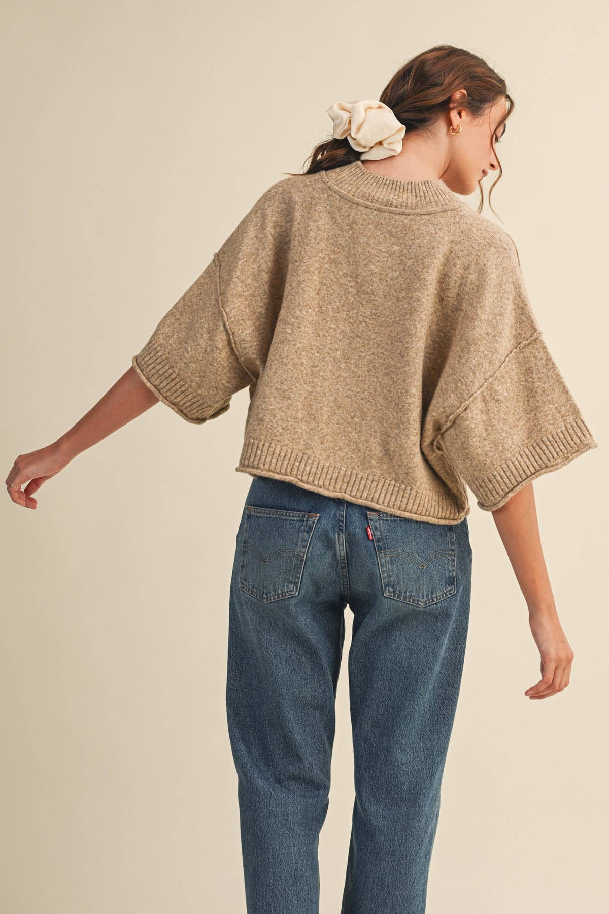 MARLED KNIT MOCK NECK SHORT SLEEVE SWEATER MSW11178: MOCHA MOUSSE / M