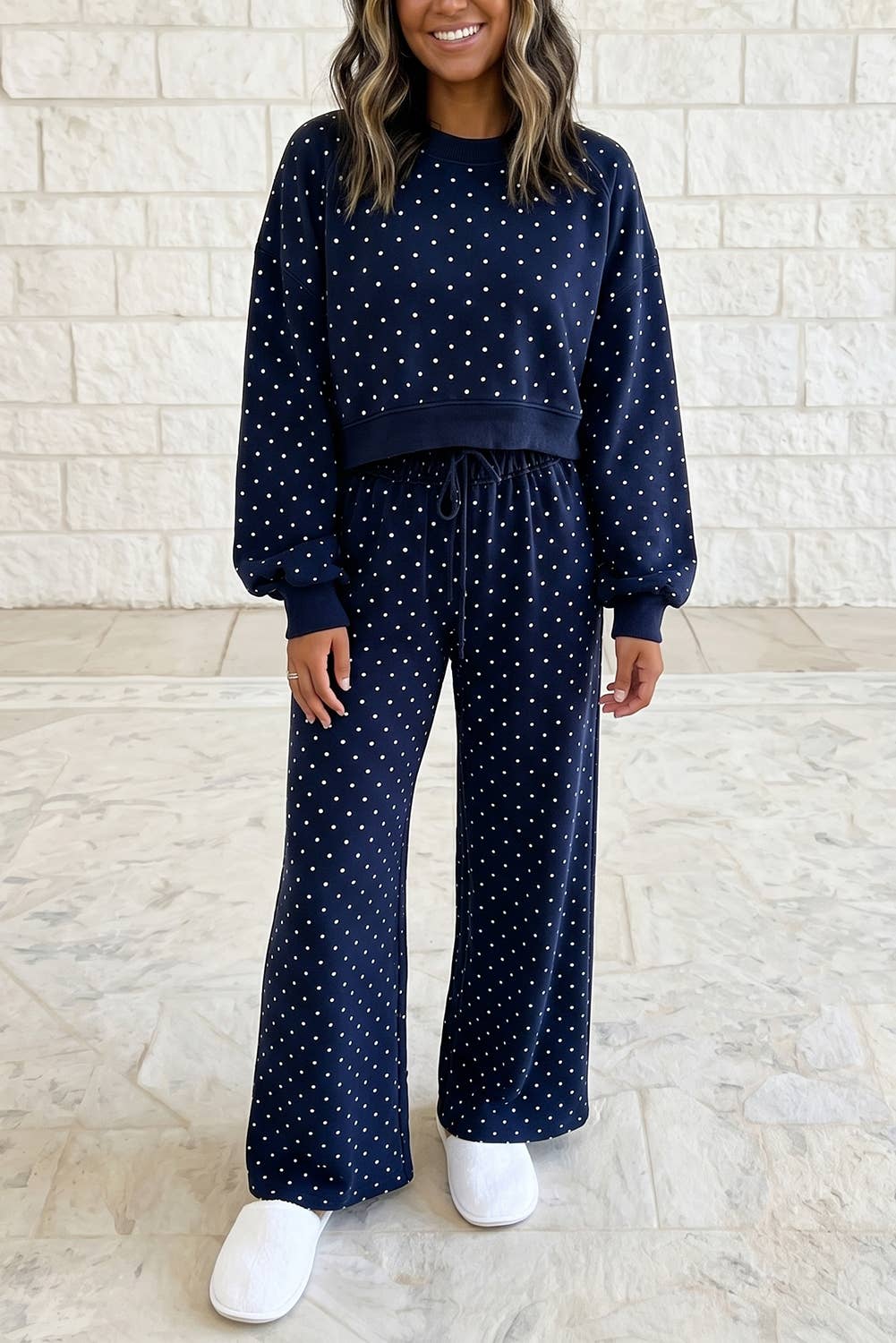 Polka Dot Long Sleeve Top Drawstring Wide Leg Pants Set S–4X: Brown / S