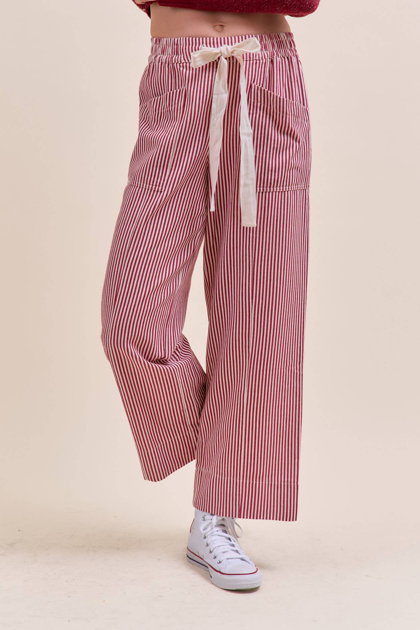 STRIPED WIDE LEG PANTS  Red & Off White Stripe S-L