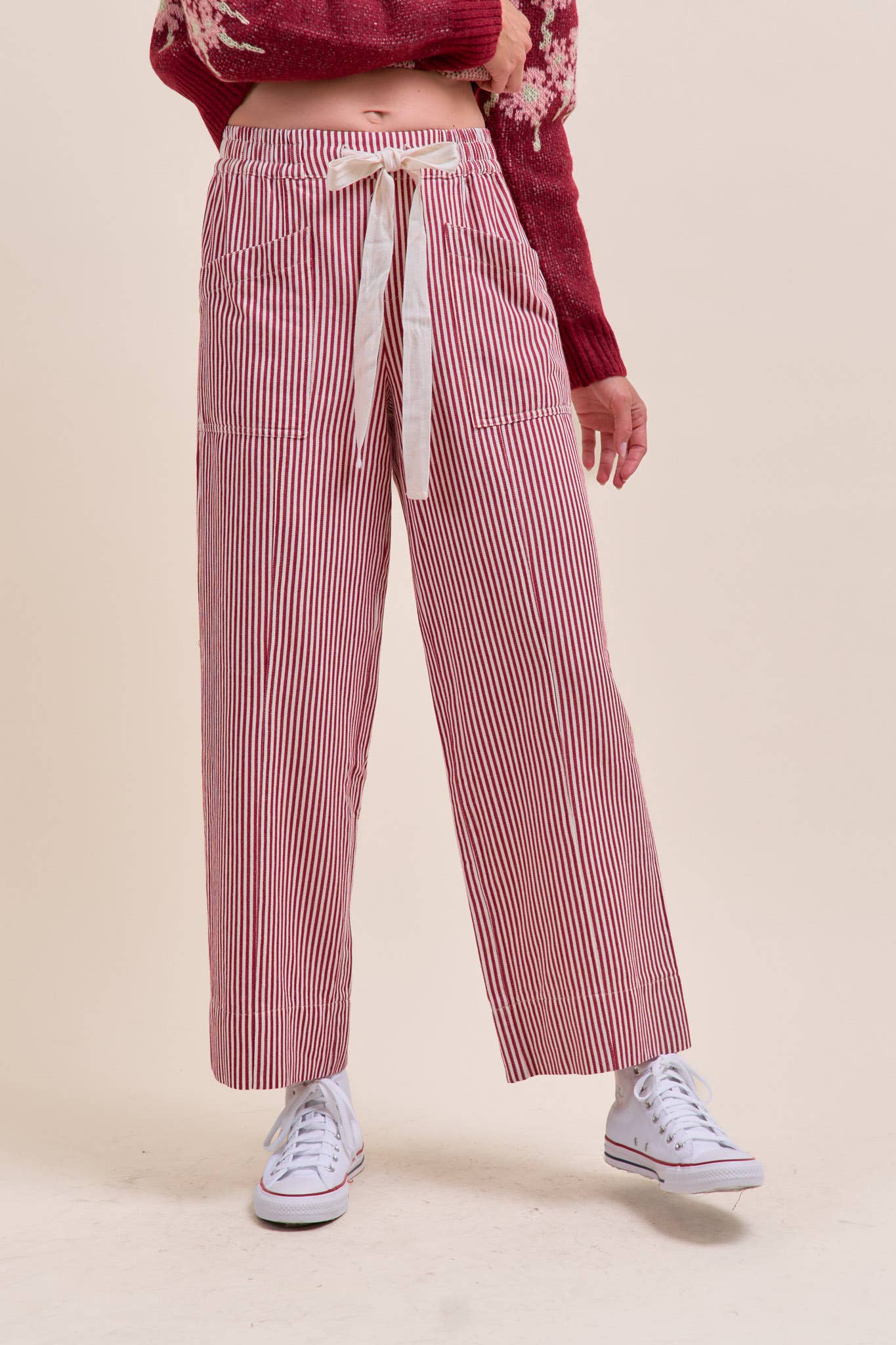 STRIPED WIDE LEG PANTS  Red & Off White Stripe S-L