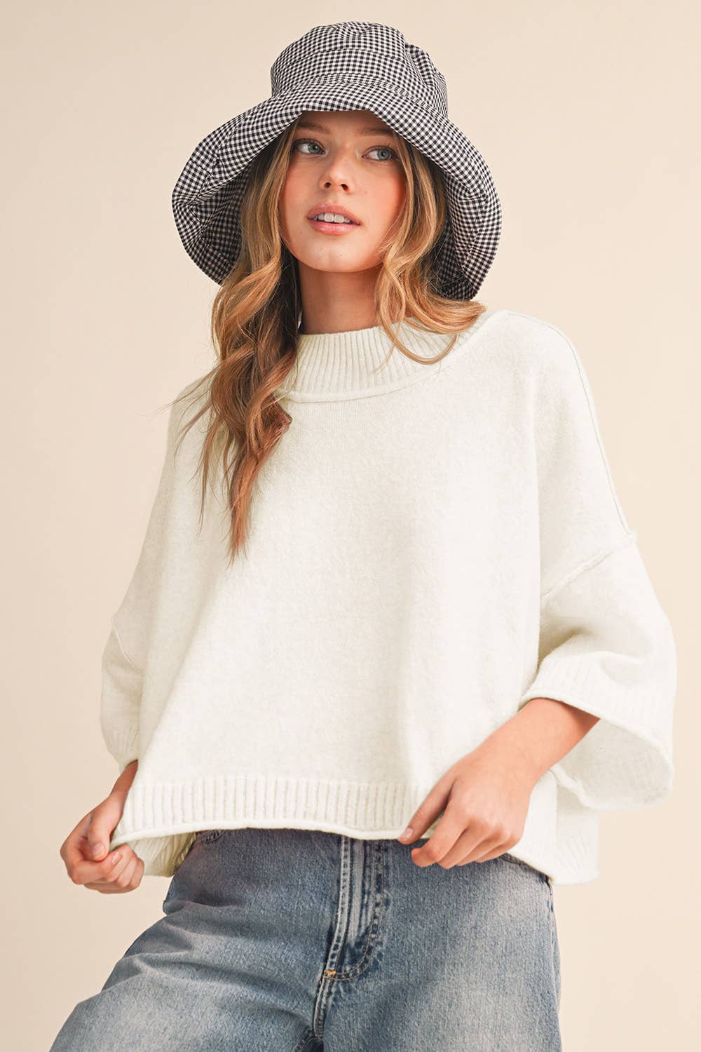 MARLED KNIT MOCK NECK SHORT SLEEVE SWEATER MSW11178: MOCHA MOUSSE / L