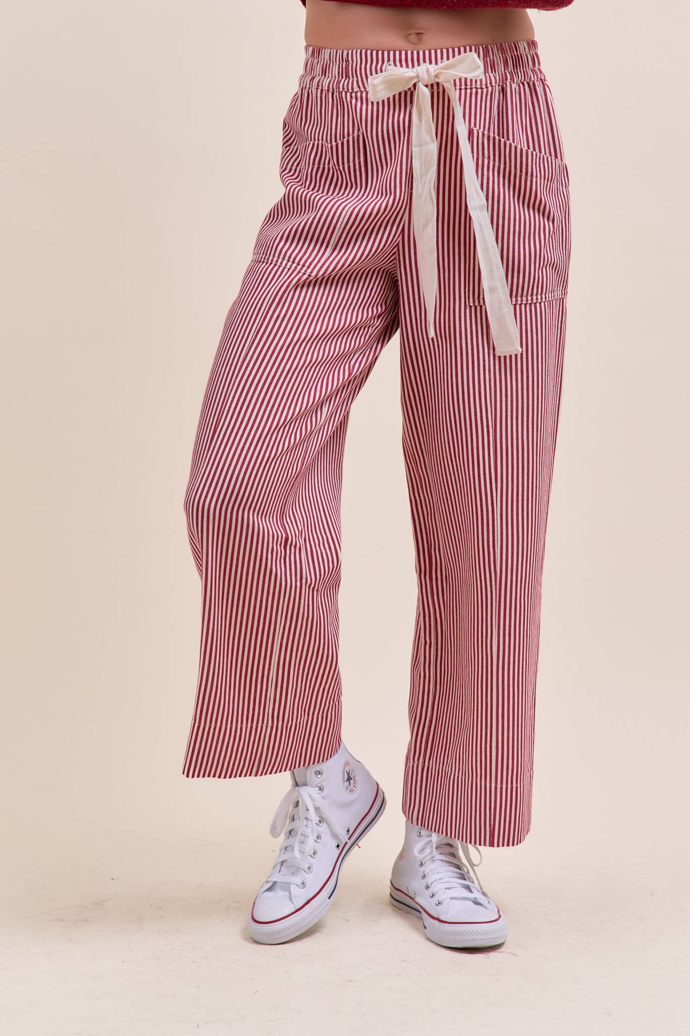STRIPED WIDE LEG PANTS  Red & Off White Stripe S-L