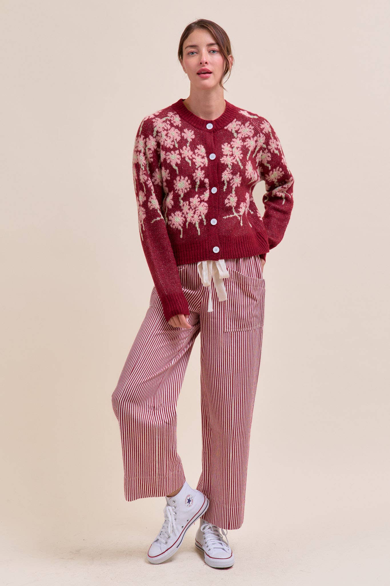 STRIPED WIDE LEG PANTS  Red & Off White Stripe S-L