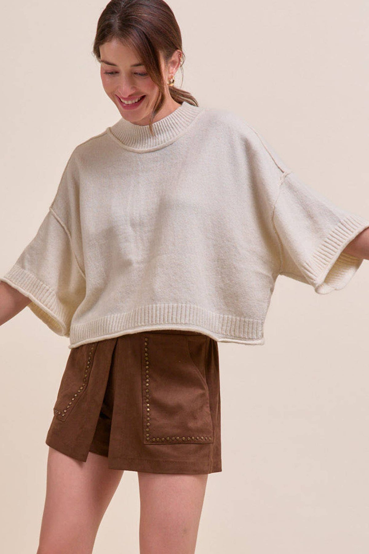 MARLED KNIT MOCK NECK SHORT SLEEVE SWEATER MSW11178: MOCHA MOUSSE / M