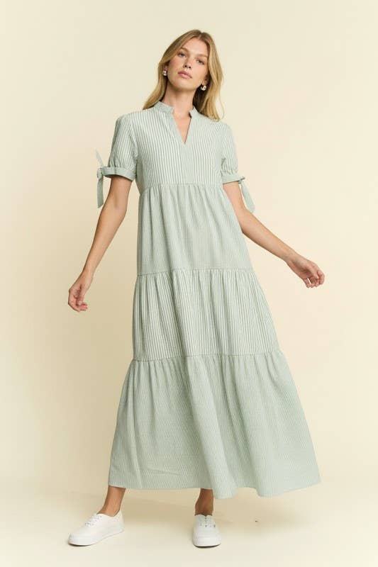 STRIPED NOTCH MAXI DRESS: PASTEL GREEN