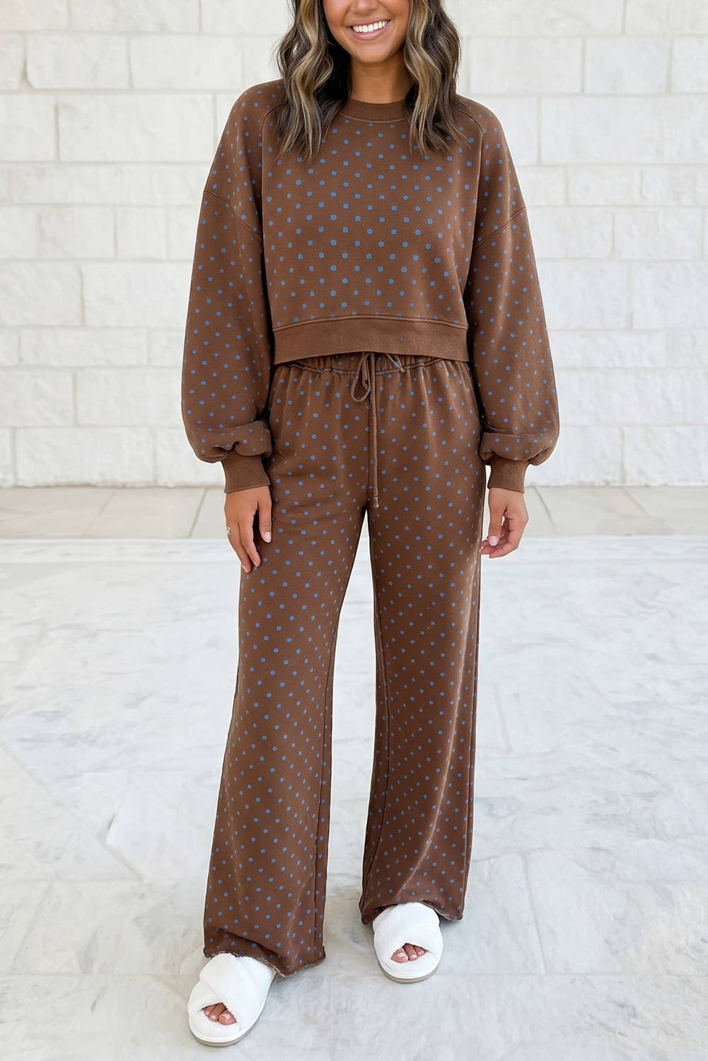 Polka Dot Long Sleeve Top Drawstring Wide Leg Pants Set S–4X: Brown / S