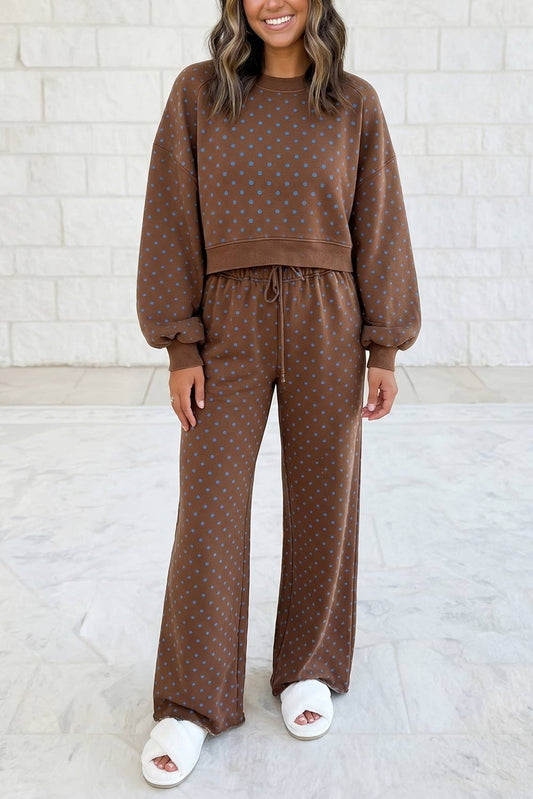 Polka Dot Long Sleeve Top Drawstring Wide Leg Pants Set S–4X: Brown / XL