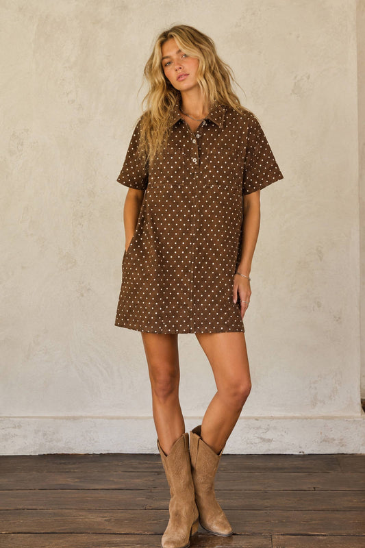 Polka Dot Denim Shirt Dress: BROWN / M