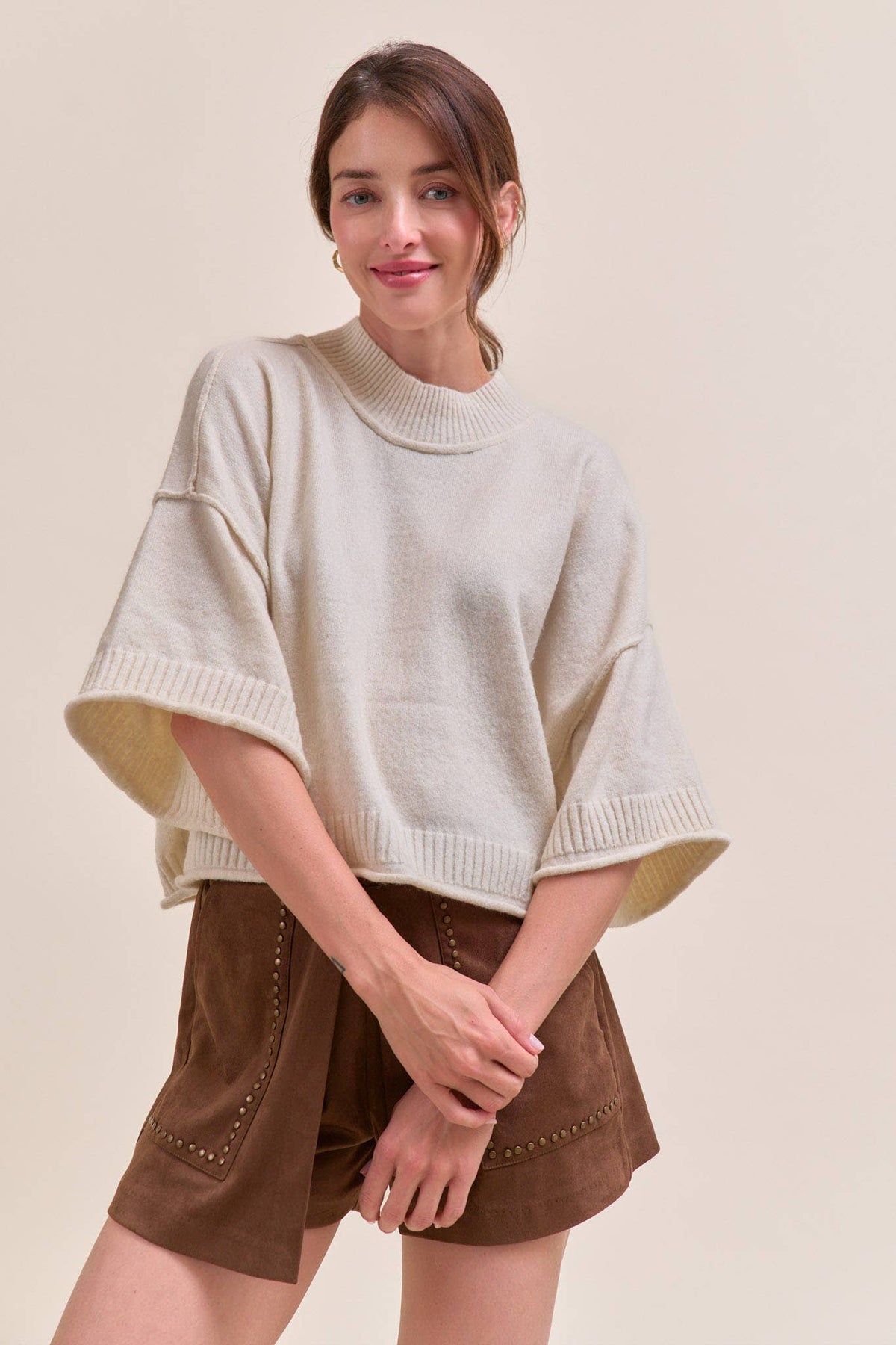 MARLED KNIT MOCK NECK SHORT SLEEVE SWEATER MSW11178: MOCHA MOUSSE / M