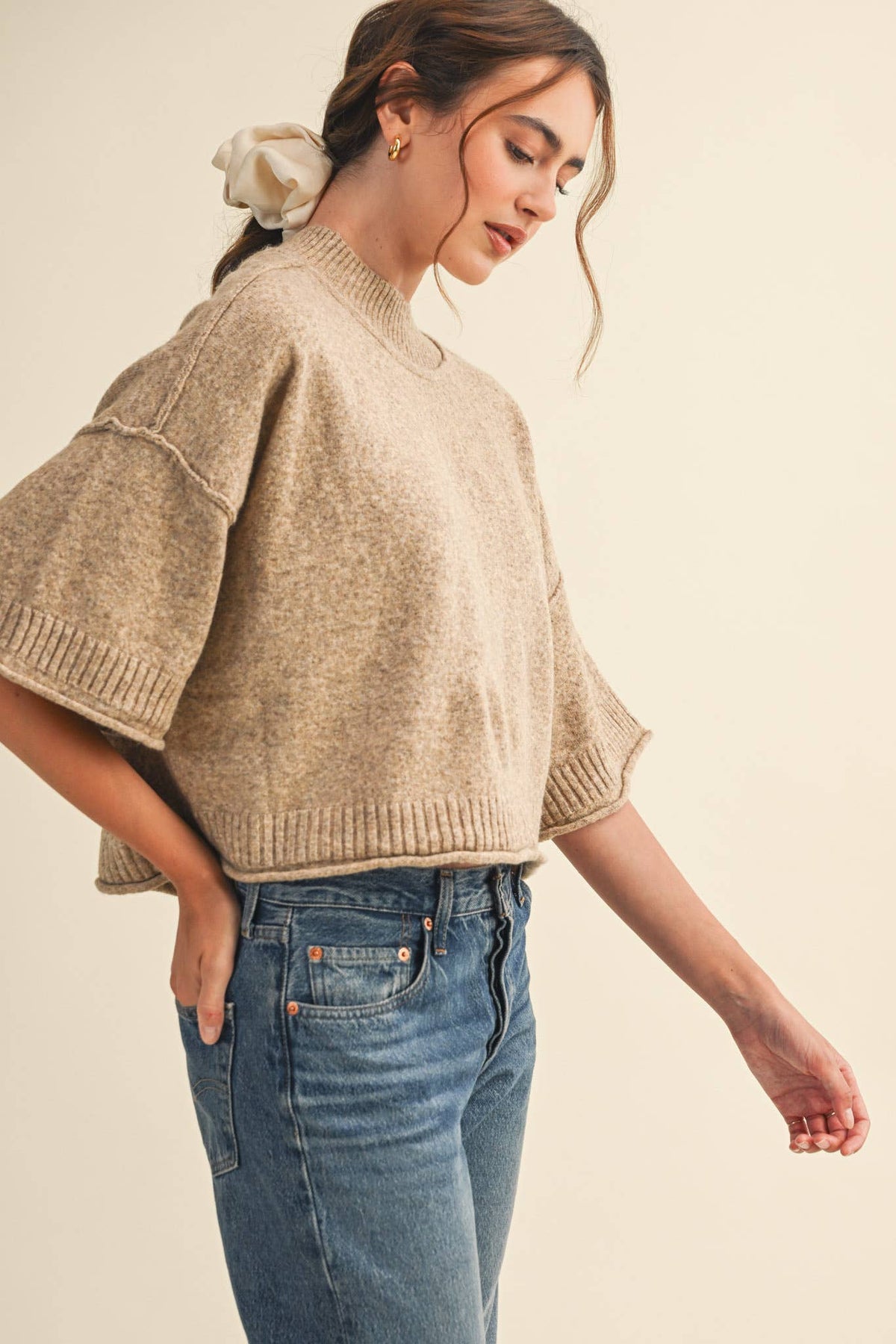 MARLED KNIT MOCK NECK SHORT SLEEVE SWEATER MSW11178: MOCHA MOUSSE / L