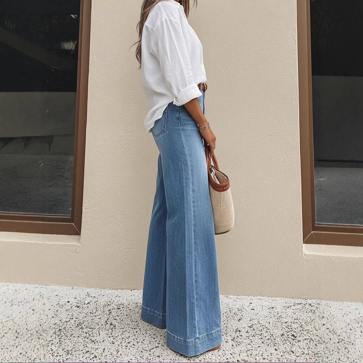 Washed high waist wide leg jeans relaxed fit: Denim Blue / 100%Polyester / L