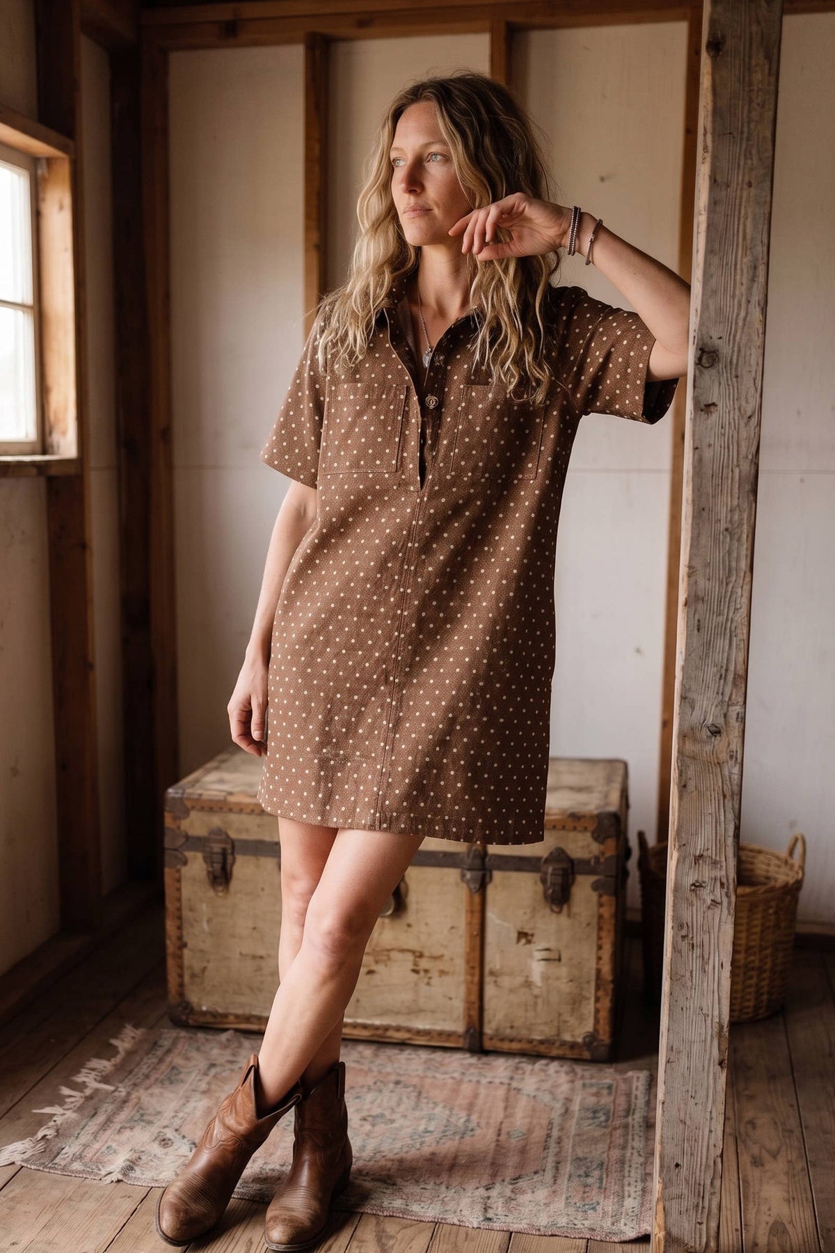 Polka Dot Denim Shirt Dress: BROWN / M