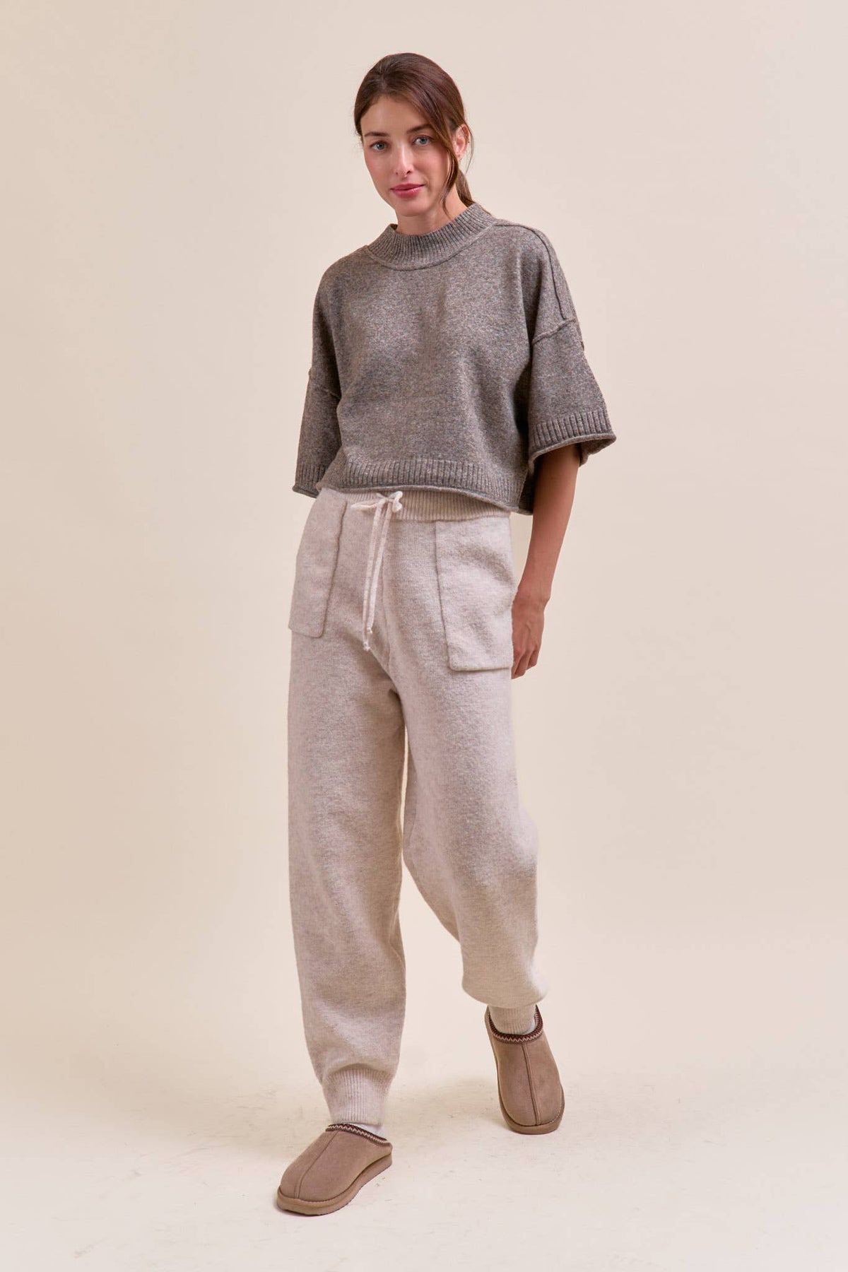 MARLED KNIT MOCK NECK SHORT SLEEVE SWEATER MSW11178: MOCHA MOUSSE / M