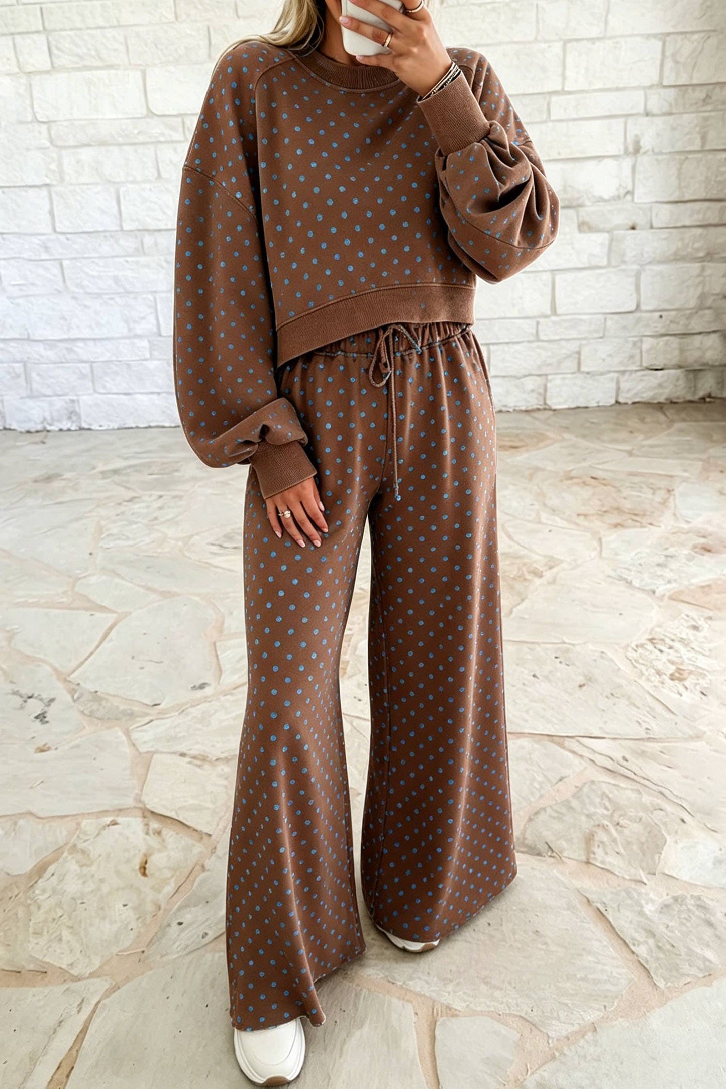 Polka Dot Long Sleeve Top Drawstring Wide Leg Pants Set S–4X: Brown / S