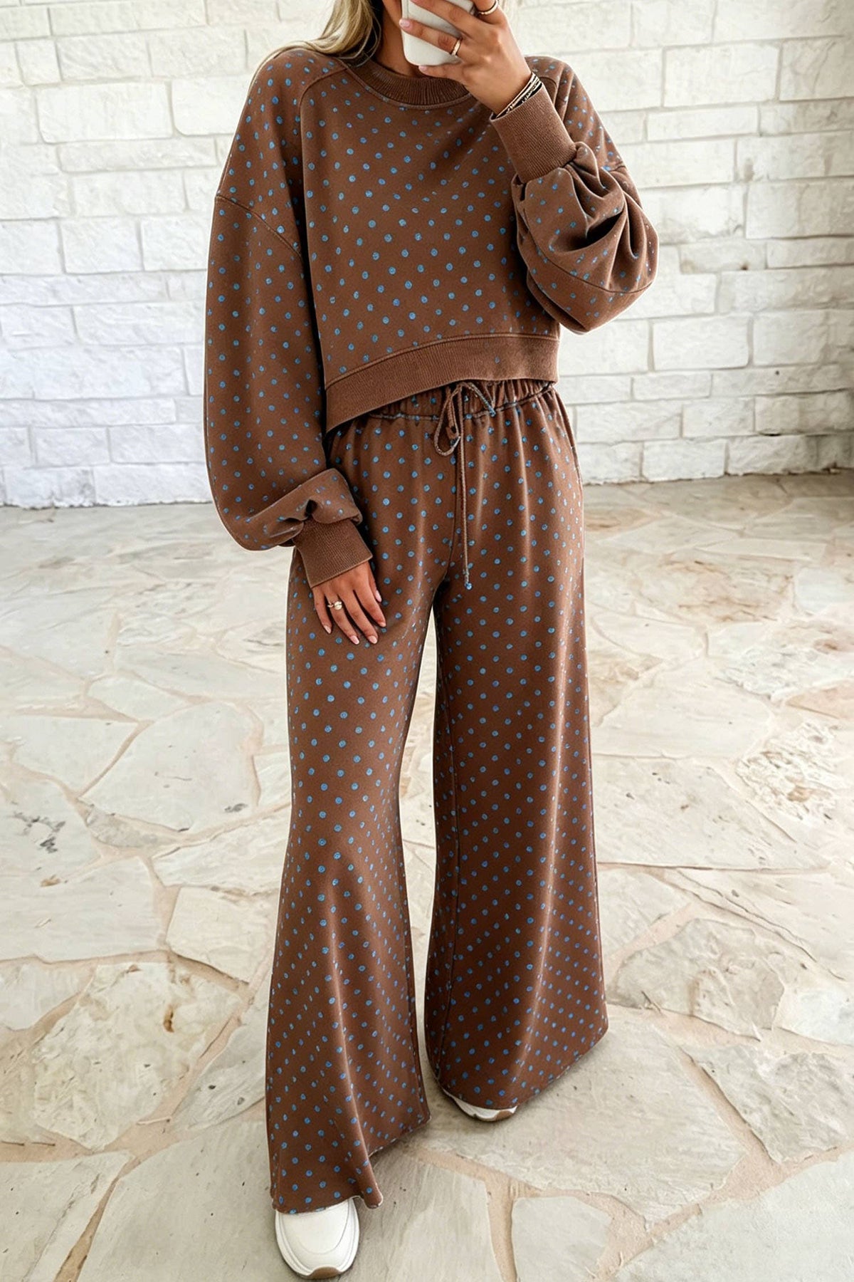 Polka Dot Long Sleeve Top Drawstring Wide Leg Pants Set S–4X: Brown / XL