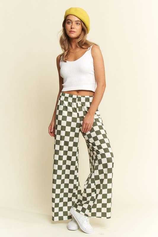 HIGH WAIST CHECKERED STRAIGHT LEG KNIT PANTS: OLIVE/WHITE / XL
