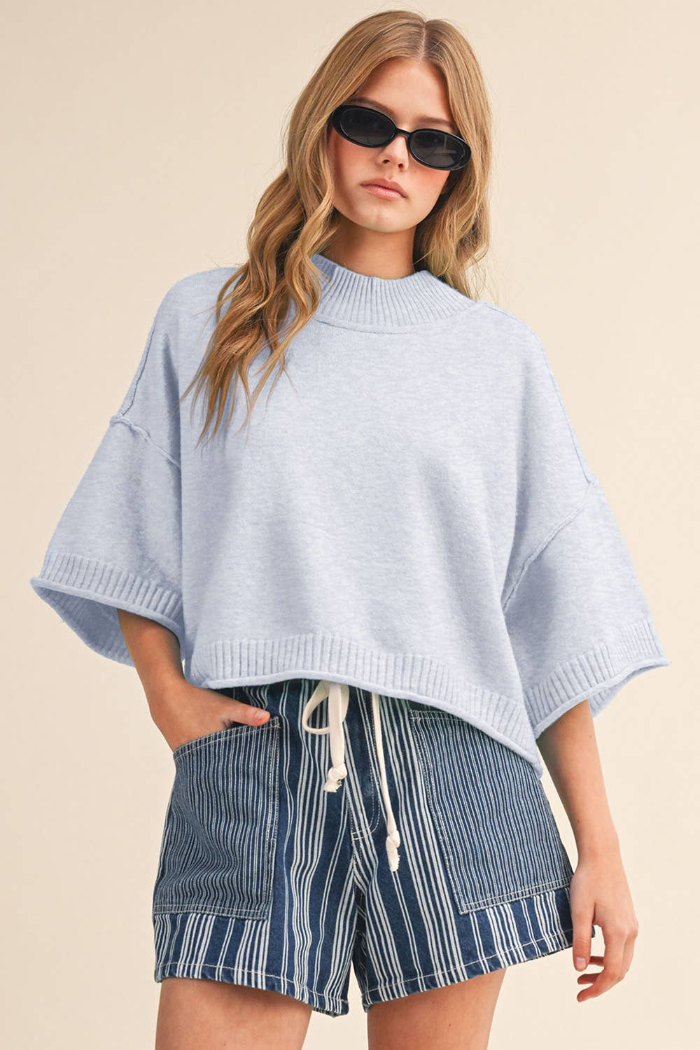 MARLED KNIT MOCK NECK SHORT SLEEVE SWEATER MSW11178: MOCHA MOUSSE / L