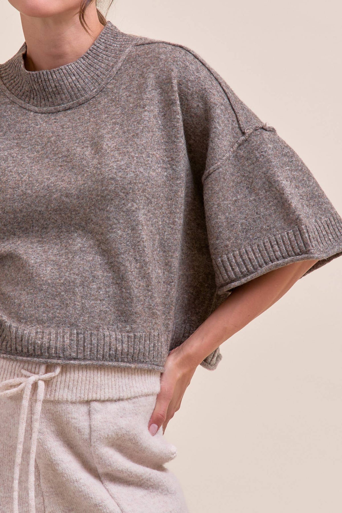 MARLED KNIT MOCK NECK SHORT SLEEVE SWEATER MSW11178: MOCHA MOUSSE / M