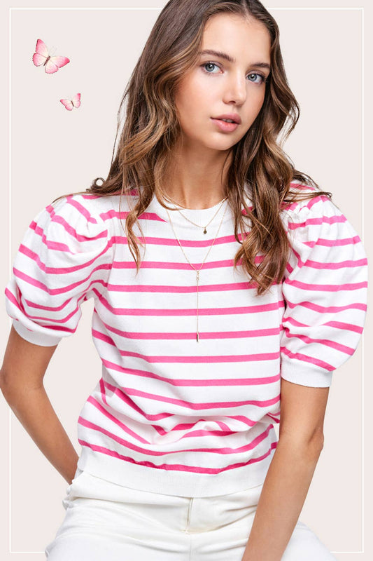 Puff Short Sleeve Stripe Knit Top: Candy