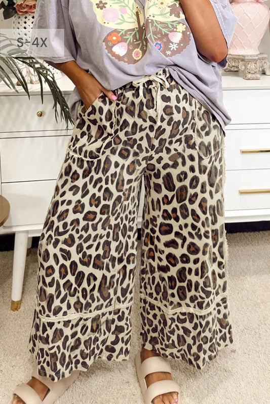 66 Khaki Leopard Wide Leg Cropped Pants (S-XL): Khaki