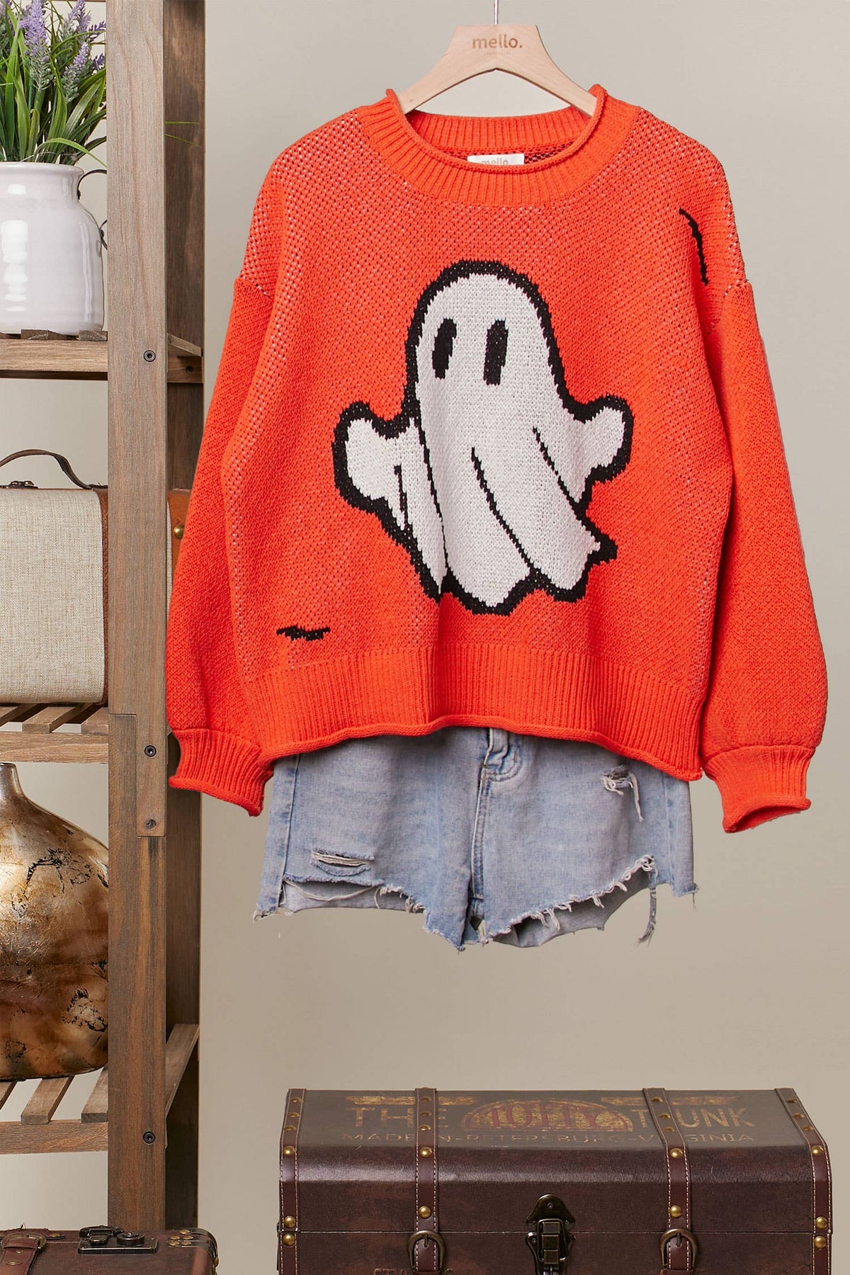 Halloween Spooky Face  Ghost Knit: Orange / M