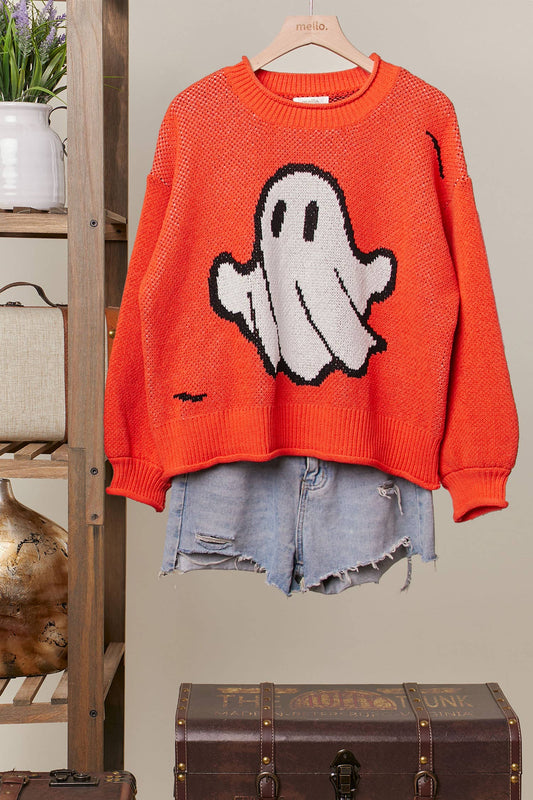 Halloween Spooky Face  Ghost Knit: Orange / L
