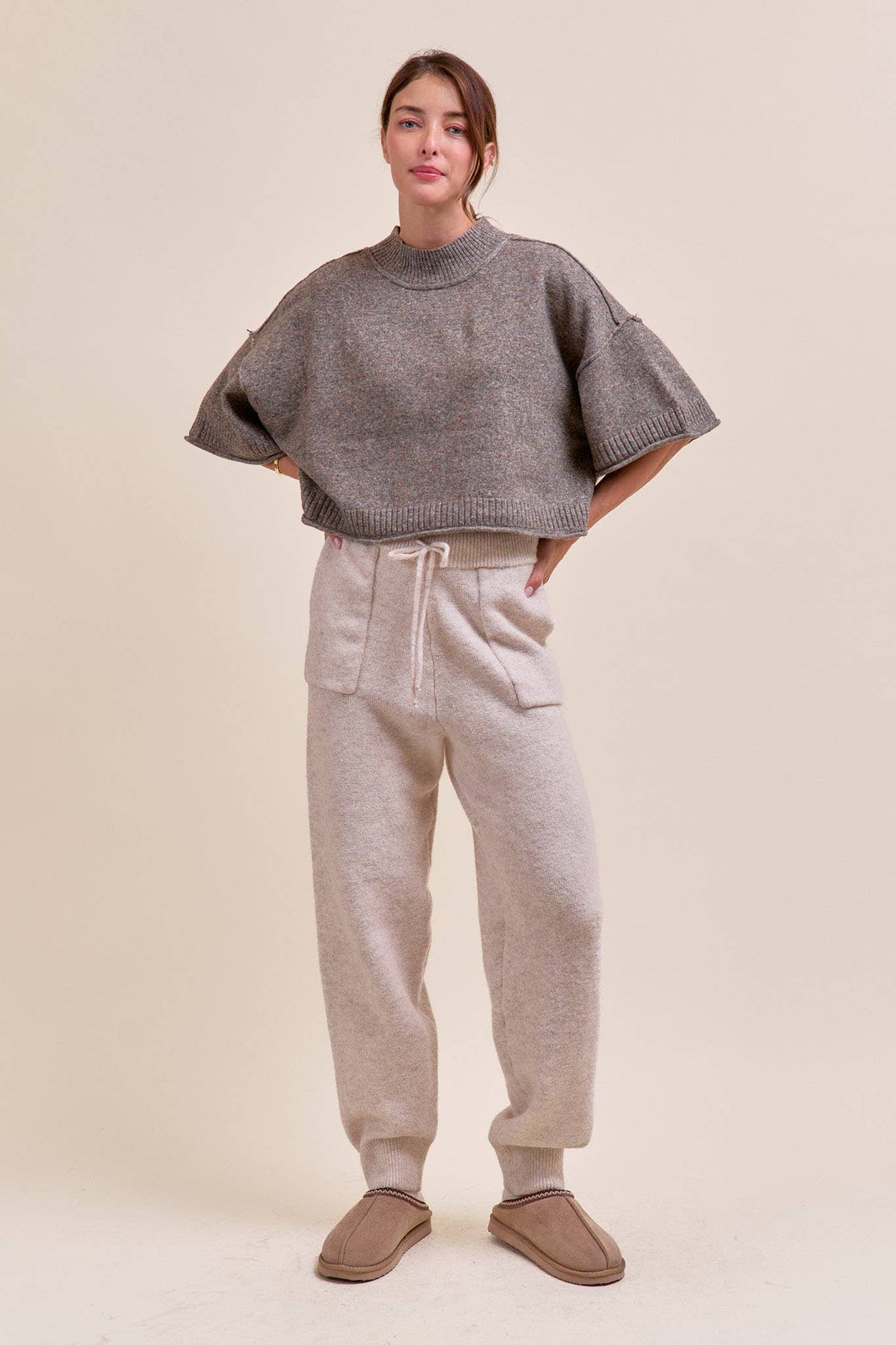 MARLED KNIT MOCK NECK SHORT SLEEVE SWEATER MSW11178: MOCHA MOUSSE / L