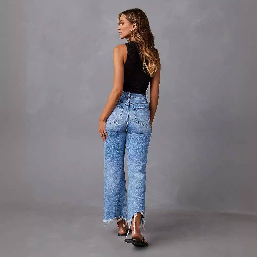 High-Waisted Distressed Denim Wide Leg Pants: Blue / L