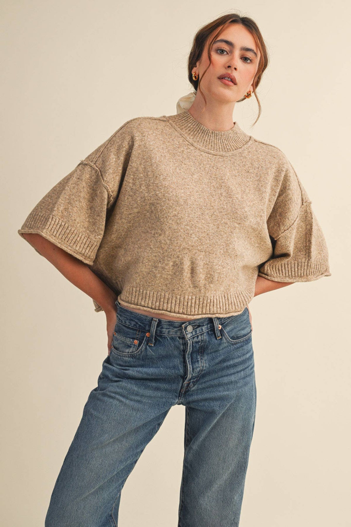 MARLED KNIT MOCK NECK SHORT SLEEVE SWEATER MSW11178: MOCHA MOUSSE / M