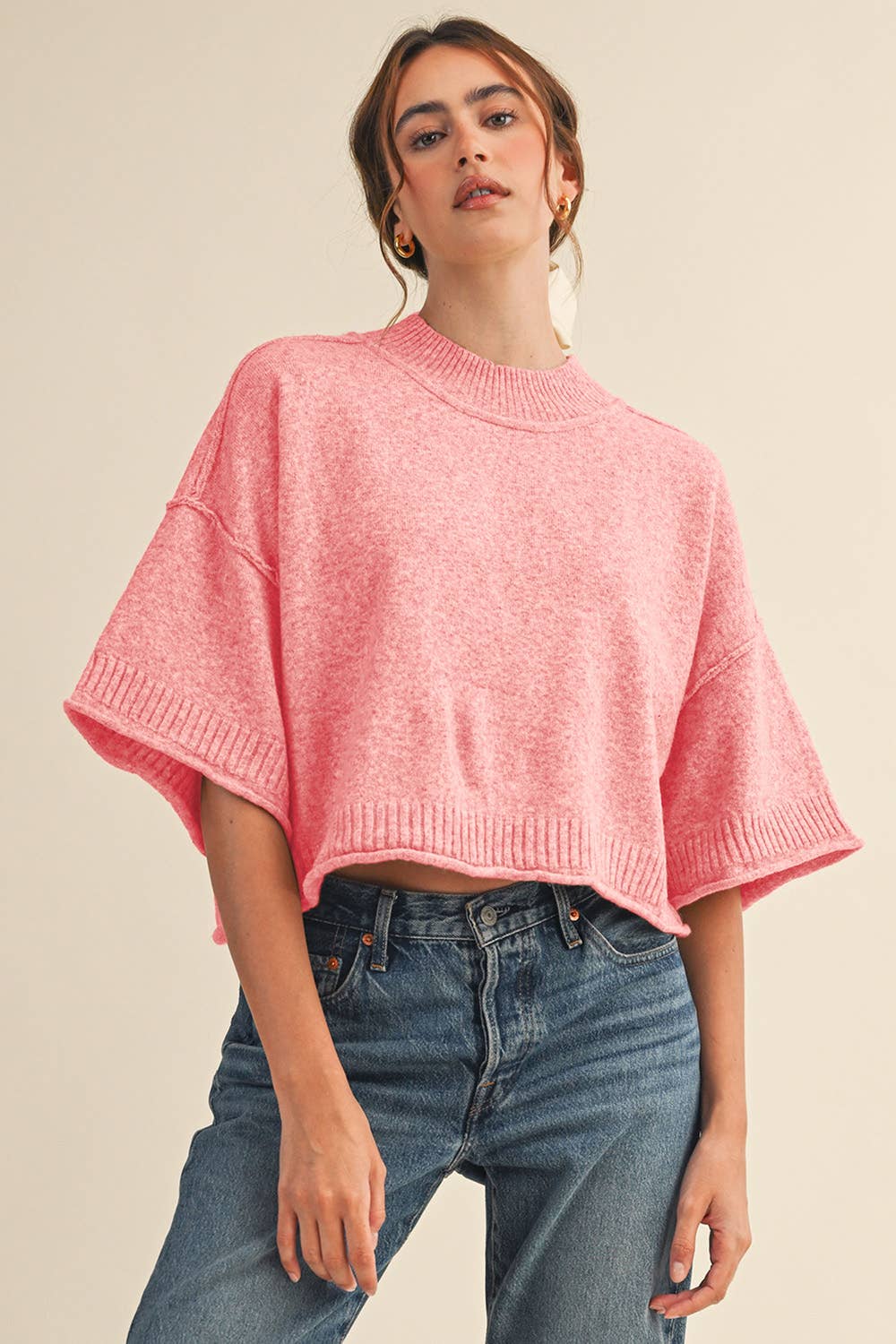 MARLED KNIT MOCK NECK SHORT SLEEVE SWEATER MSW11178: MOCHA MOUSSE / L