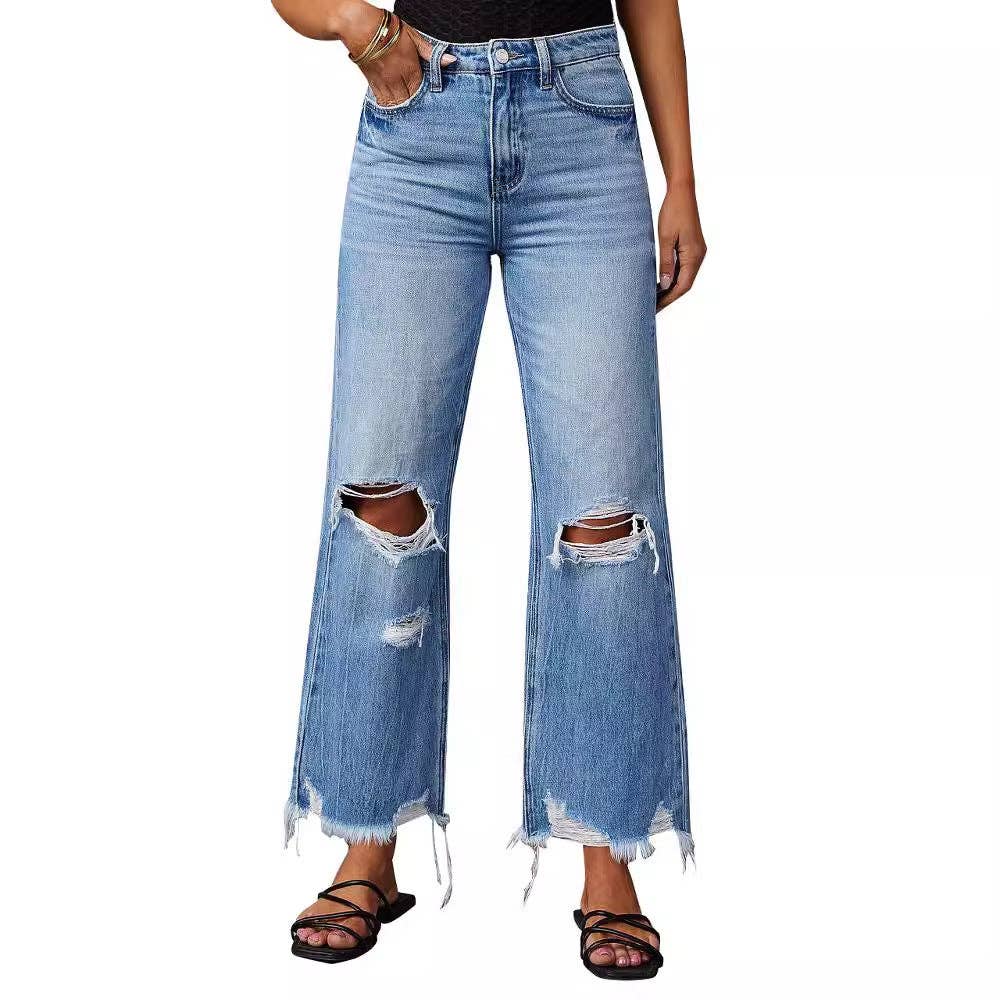 High-Waisted Distressed Denim Wide Leg Pants: Blue / XXL