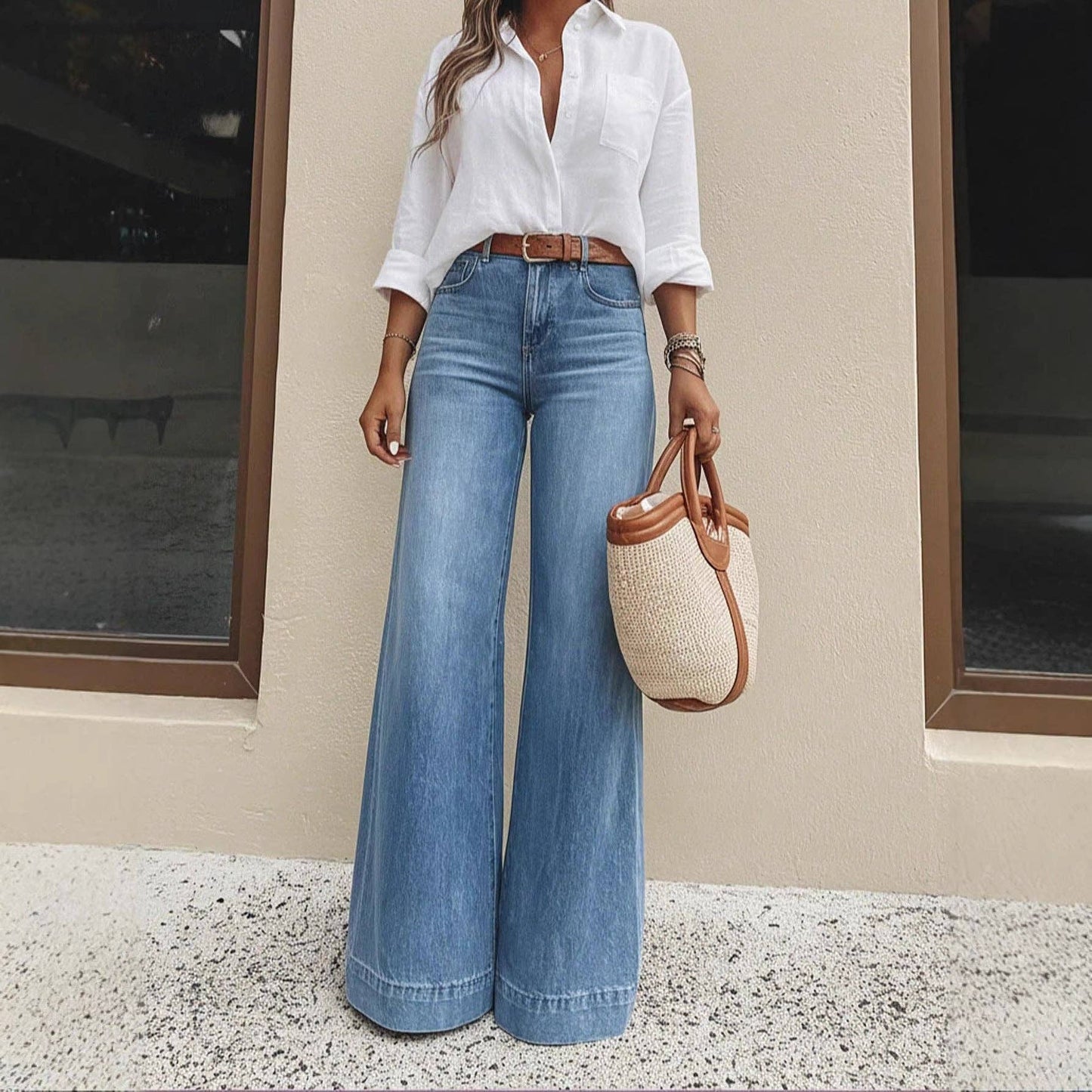 Washed high waist wide leg jeans relaxed fit: Denim Blue / 100%Polyester / M