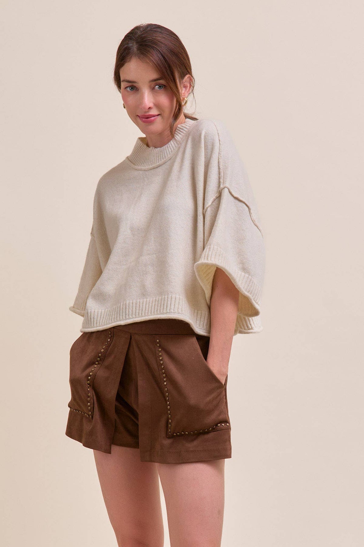 MARLED KNIT MOCK NECK SHORT SLEEVE SWEATER MSW11178: MOCHA MOUSSE / M
