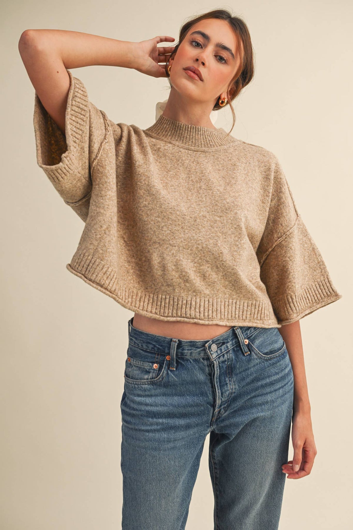 MARLED KNIT MOCK NECK SHORT SLEEVE SWEATER MSW11178: MOCHA MOUSSE / M