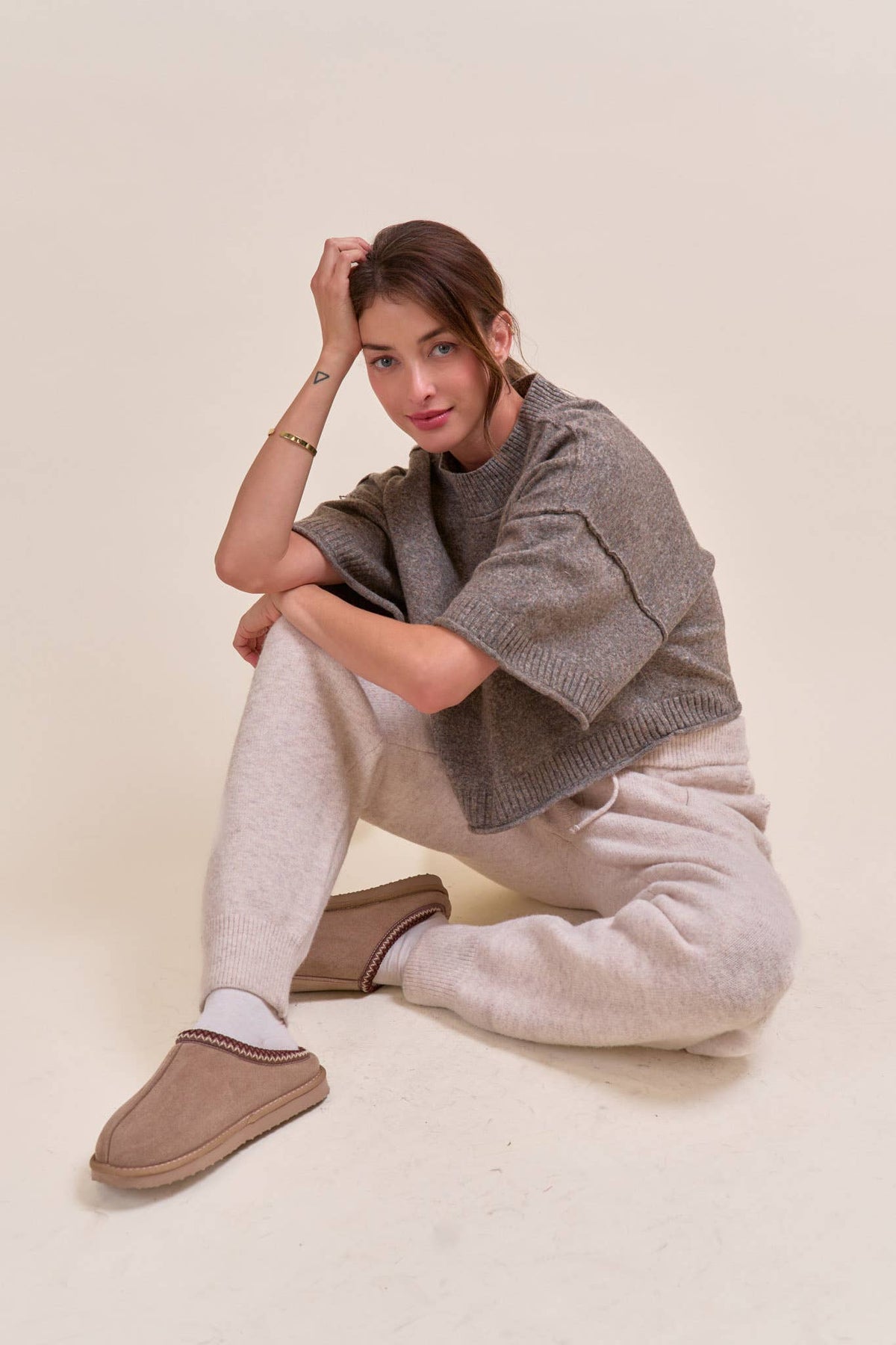 MARLED KNIT MOCK NECK SHORT SLEEVE SWEATER MSW11178: MOCHA MOUSSE / L
