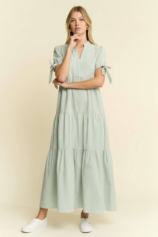 STRIPED NOTCH MAXI DRESS: PASTEL GREEN