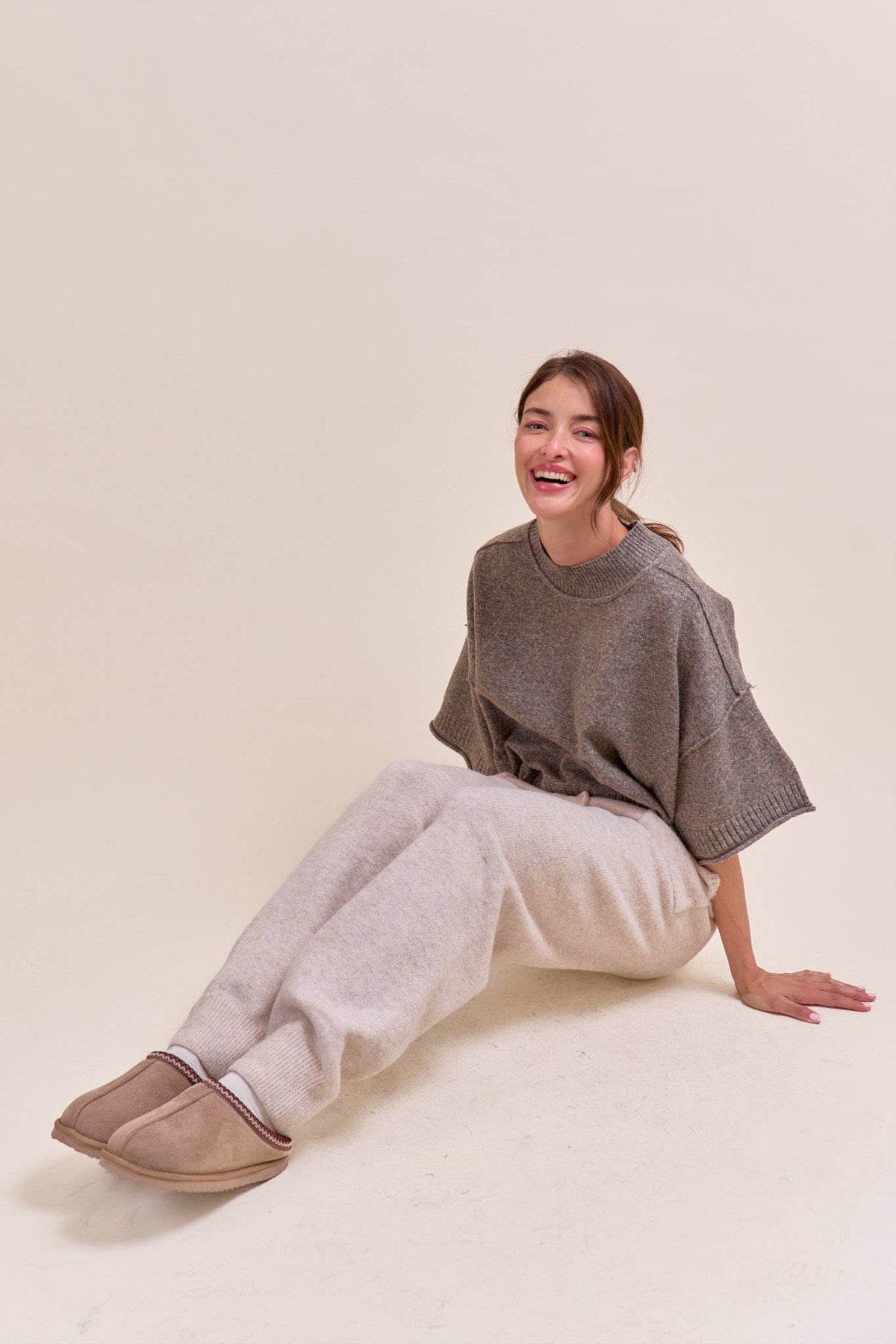 MARLED KNIT MOCK NECK SHORT SLEEVE SWEATER MSW11178: MOCHA MOUSSE / L