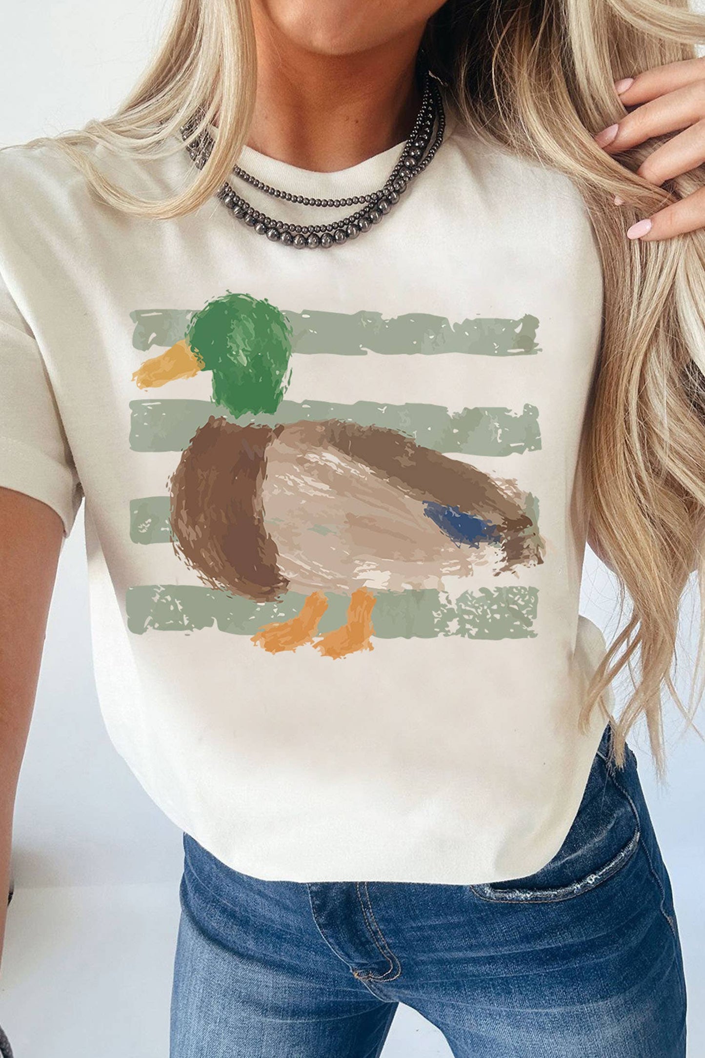 Mallard Duck Brush Stroke Striped Graphic Short Sleeve Tee: White / XL