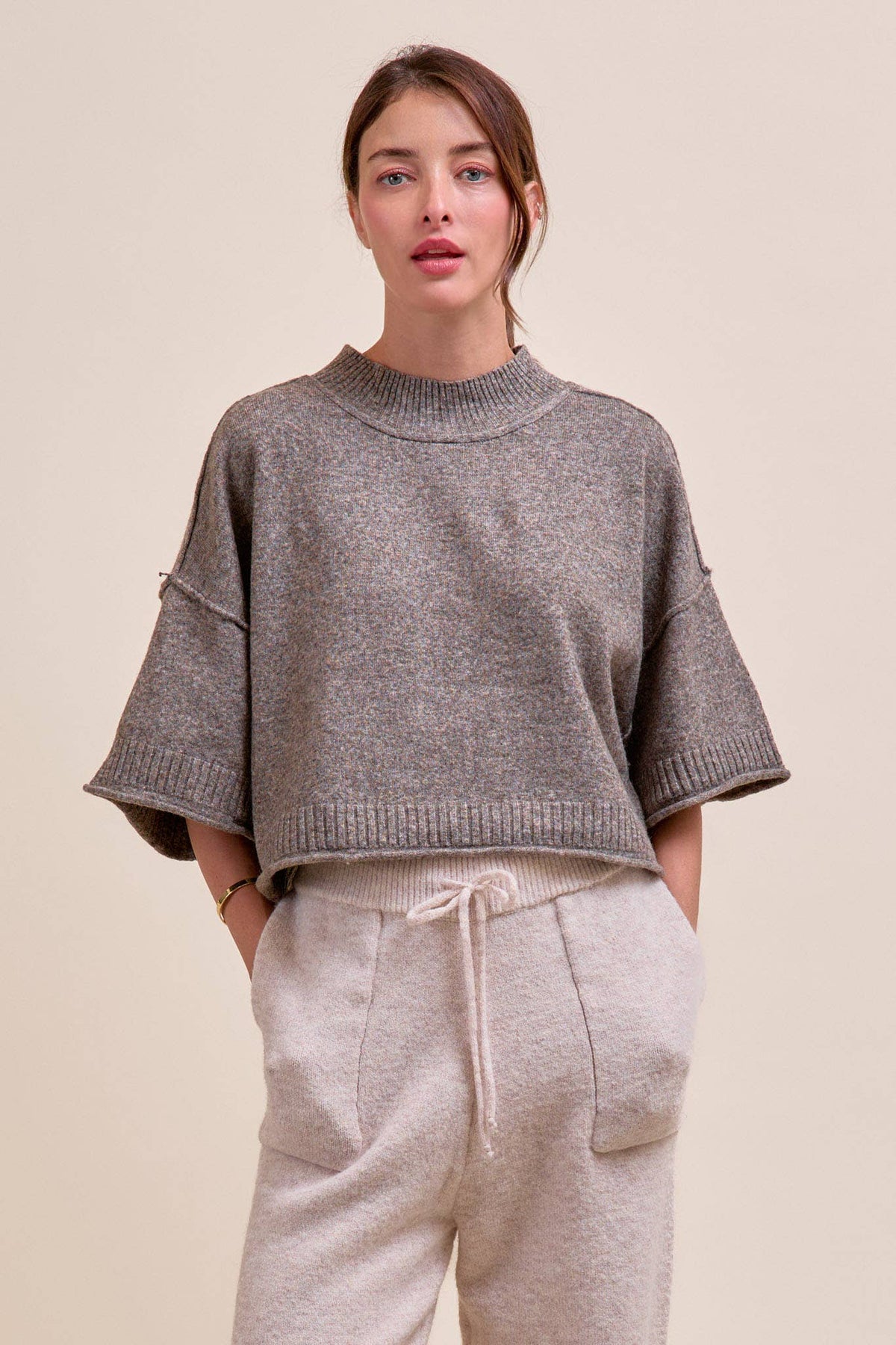 MARLED KNIT MOCK NECK SHORT SLEEVE SWEATER MSW11178: MOCHA MOUSSE / L
