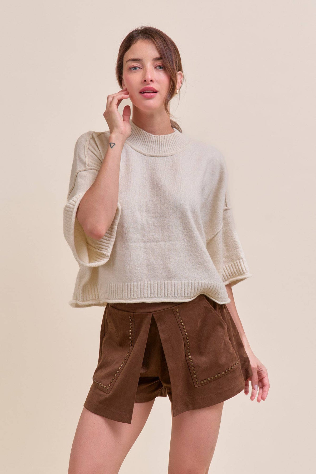 MARLED KNIT MOCK NECK SHORT SLEEVE SWEATER MSW11178: MOCHA MOUSSE / M