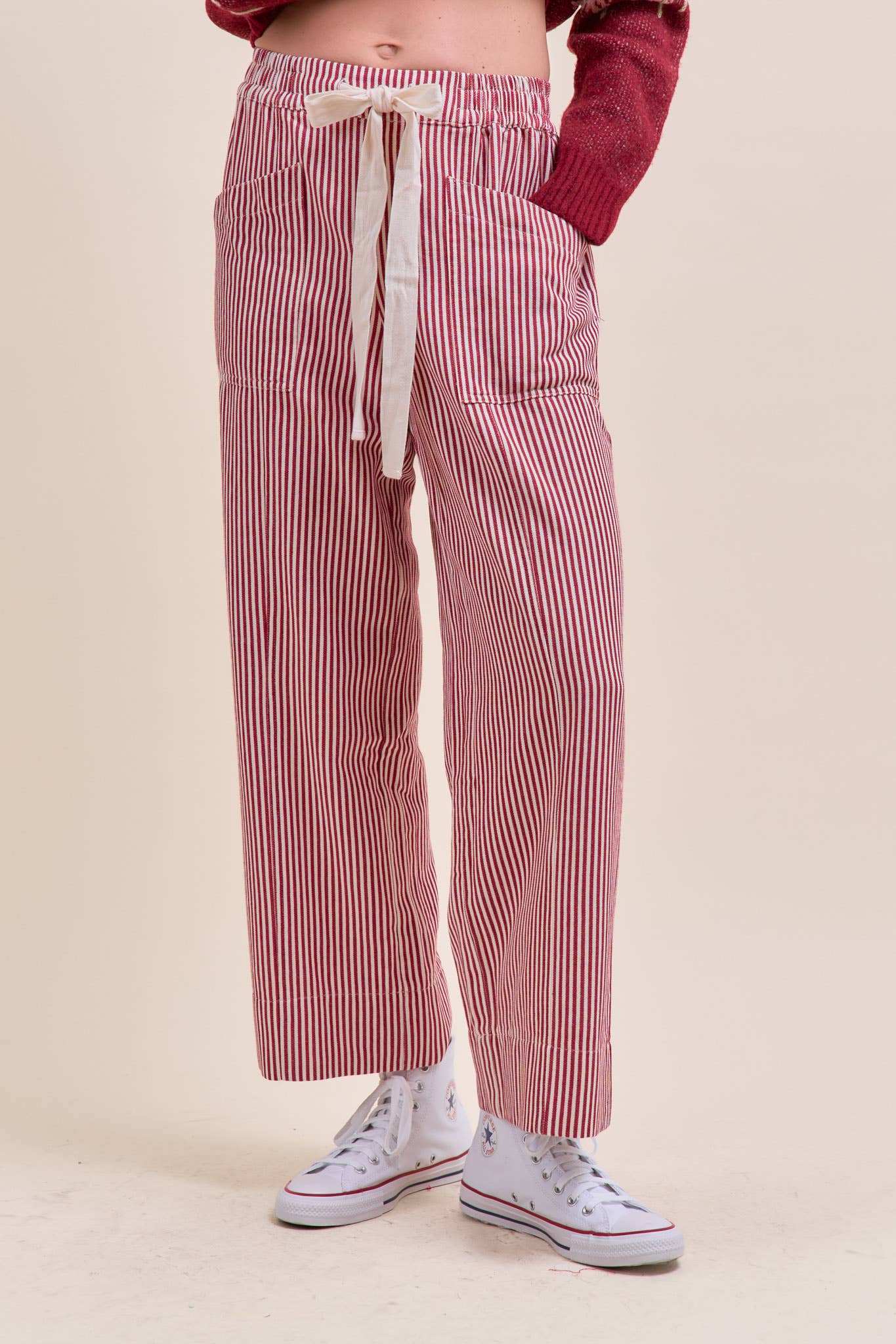 STRIPED WIDE LEG PANTS  Red & Off White Stripe S-L